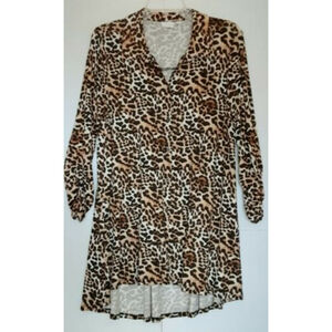 New Directions Size L Women's Leopard Print Button Up Long Ruched Sleeve